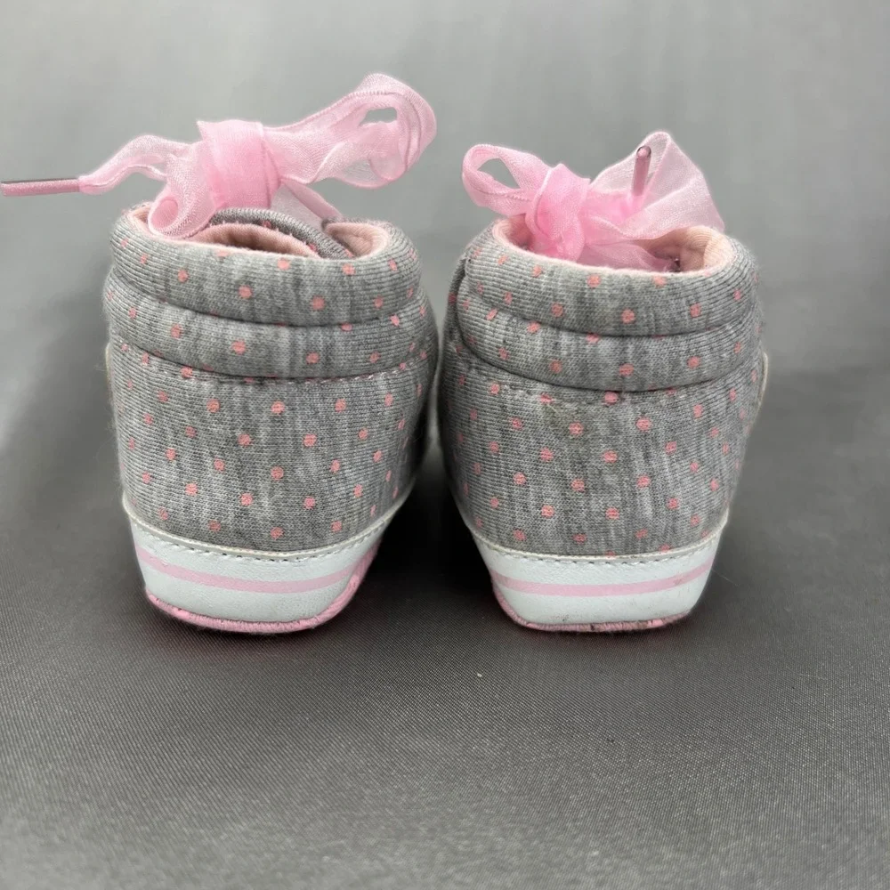 Infant Baby Girl Crib Shoes Gray Pink Polka Dot Heart Ribbon Lace High Top 3-6M